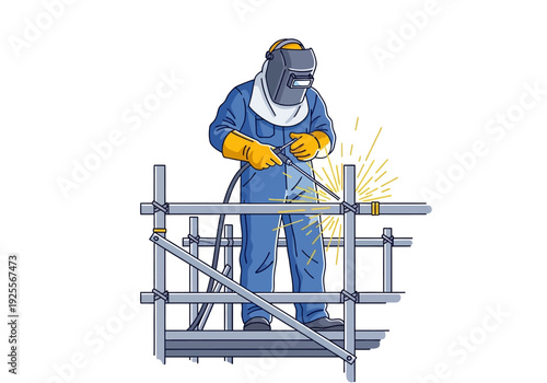 Welder in protective gear working on scaffolding.