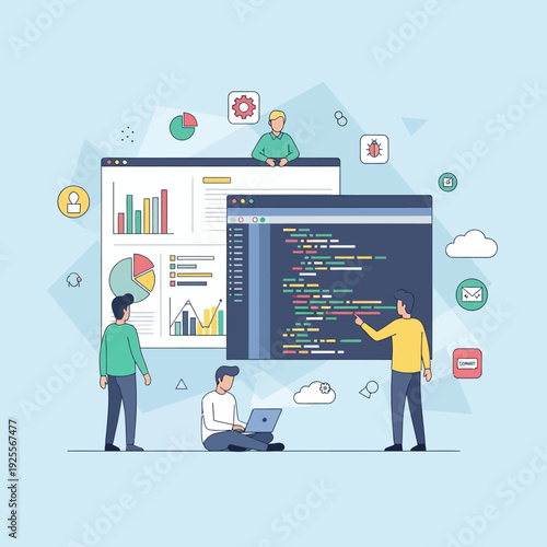 Team of developers working on data analysis and coding project with charts and code on screen