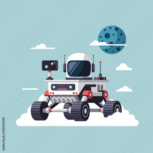 Futuristic space rover exploring alien planet with moon in the sky, sci-fi concept