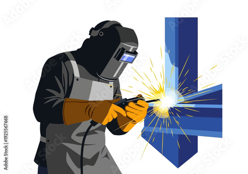 Welder in protective gear welding metal.