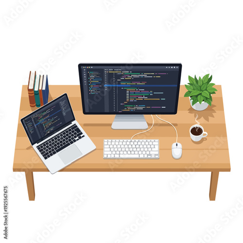 Modern computer desk with laptop, monitor displaying code, keyboard, mouse, coffee and books