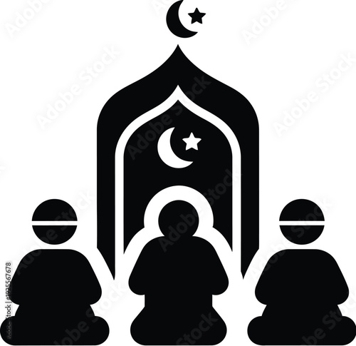 Ramadan kareem greeting with mosque and worshipers silhouette