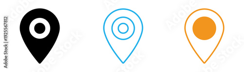 Map pin icons in black blue and orange