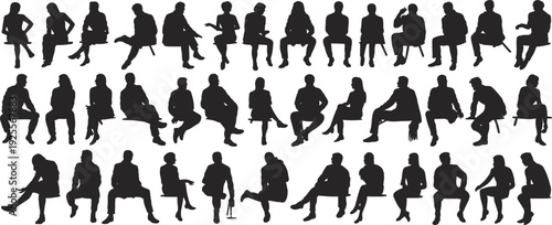 Diverse Silhouettes of People Sitting in Various Poses on White Background variety