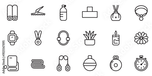 Holistic therapy and gym accessories collection showing meditation tools and physical training equipment