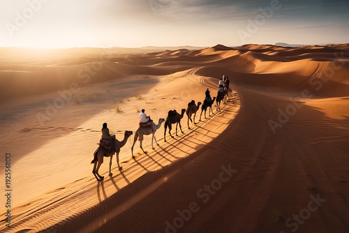 Camels and people walking through desert sand dunes at sunset