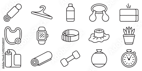 Home workout and aromatherapy items featuring dumbbell yoga mat water bottle and decorative indoor plant