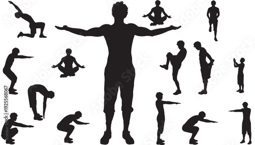 Fitness exercise silhouettes set with man doing stretching, squats, jumping, yoga meditation, running and warmup poses, isolated black figures on white background