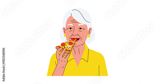 An elderly woman with white hair wearing a yellow shirt holds a slice of pizza with pepperoni and mushrooms to her mouth.