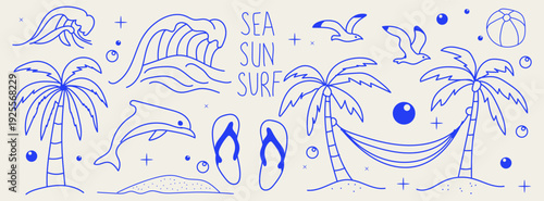Hand drawn doodle beach for summer. Featuring tropical elements like palm trees, waves, surfboards, and sunshine, perfect for summer designs, t-shirts, posters, and placard prints.