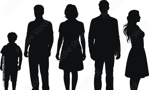 A set of black silhouettes featuring a diverse family group with a young boy, adult men, and women in various standing and profile poses.