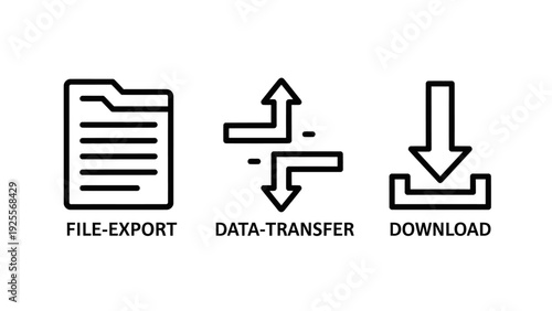 Icons for file export, data transfer, and download operations, symbolizing information management and digital sharing.