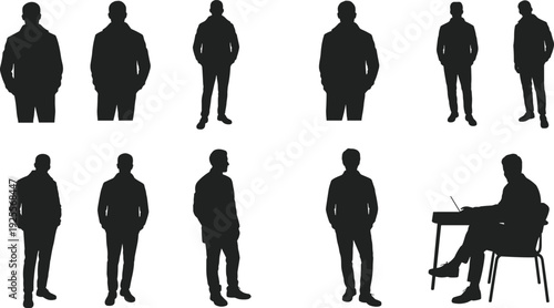 A comprehensive collection of black silhouettes featuring men in various standing poses, professional office attire, and a person sitting at a desk with a laptop.