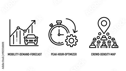 Urban Mobility and Crowd Management Icons: Demand Forecast, Peak Hour Optimization, and Density Map