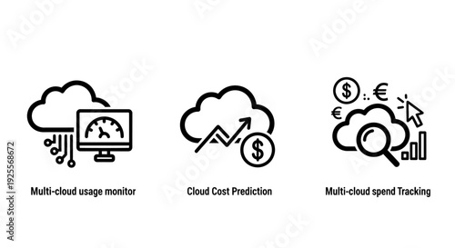 Cloud Computing Icons: Usage Monitor, Cost Prediction, and Multi-cloud Spend Tracking