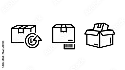 Icons depicting shipping and delivery: return package, barcode scan, and open box with contents for logistics and e-commerce.