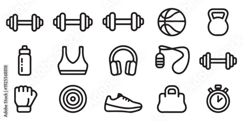 Fitness equipment and sports icons collection for healthy lifestyle and workout vector illustrations