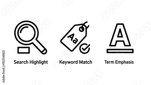 Clean line art icons for search highlight, keyword match, and term emphasis, illustrating SEO and content optimization strategies.