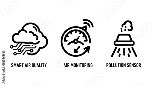 Icons symbolizing smart air quality monitoring, pollution sensor, and a cloud data connection, representing environmental technology and smart city solutions.