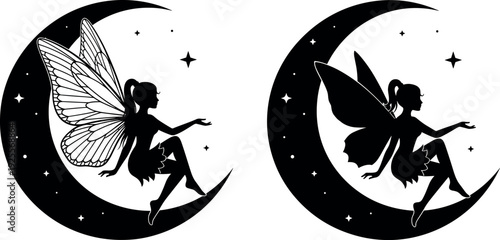 Magical fairy silhouette sitting on a crescent moon with stars, featuring two wing style variations for fantasy vector illustration designs.