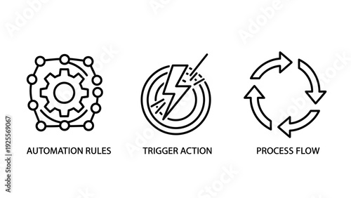 Automation rules, trigger action, and process flow icons representing automated systems, event responses, and workflow visualization.