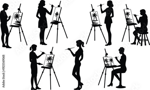A set of black silhouettes of female artists painting palm tree landscapes on easels, featuring various poses of women drawing and creating tropical art.