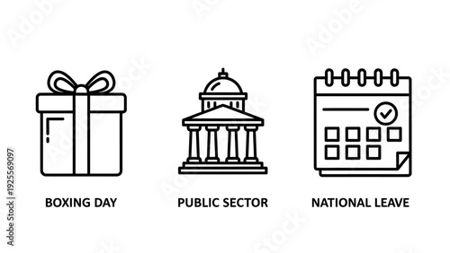 Boxing Day gift, public sector building, and national leave calendar icons symbolizing holidays, government, and time off.