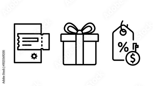 Ticket, gift box, and discount tag icons symbolizing sales, promotions, special offers, and rewards for customers.
