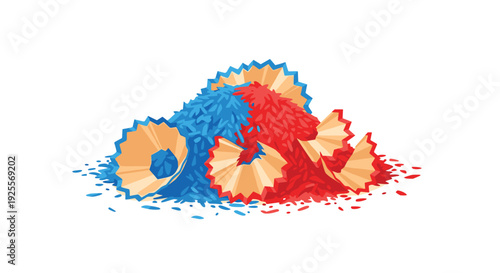 A pile of blue and red pencil shavings and wooden scraps is clustered together on a plain white background.