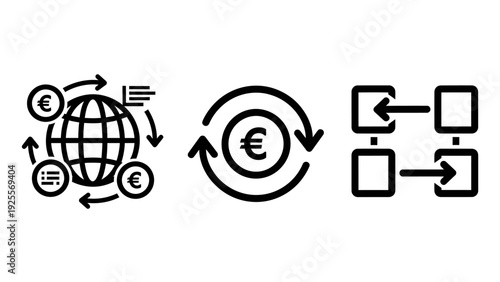 Icons Depicting Global Currency Exchange, Euro Transactions, and Data Transfer Systems
