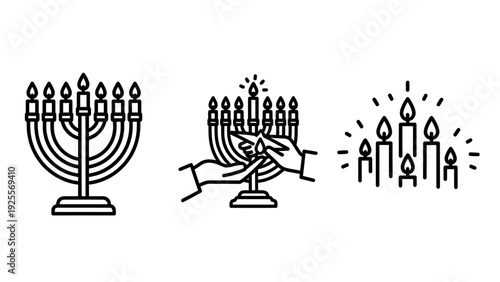 Hanukkah Menorah and Candles Icons: Traditional Candelabra and Lighting Ceremony