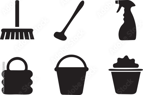 Cleaning Supplies Icons Broom Mop Bucket Spray Black Set