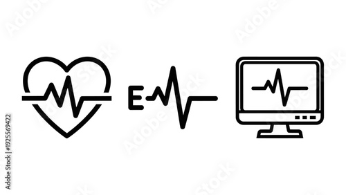 Medical heartbeat EKG monitor icons set: heart rate, electrocardiogram, and vital signs on screen, representing health and technology