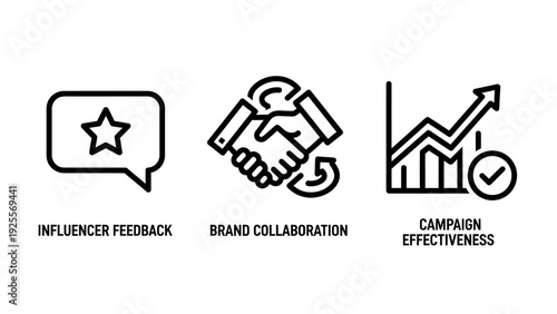 Business strategy icons: influencer feedback, brand collaboration handshake, and campaign effectiveness graph showing growth and success