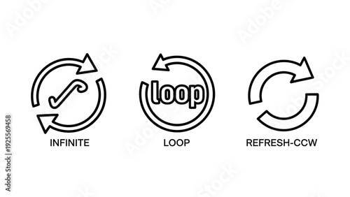 Infinite loop and refresh icons: circular arrows indicating repetition, continuous cycle, and update processes for digital interfaces and workflows