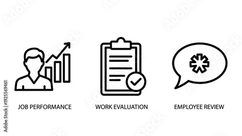 Human resources icons: person with performance graph, checklist for work evaluation, and speech bubble for employee review, symbolizing career development