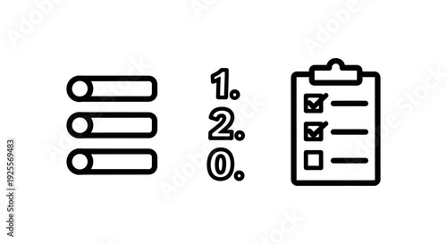 Data and organization icons: bulleted list, numbered list, and checklist on clipboard, representing task management, ordering, and progress tracking