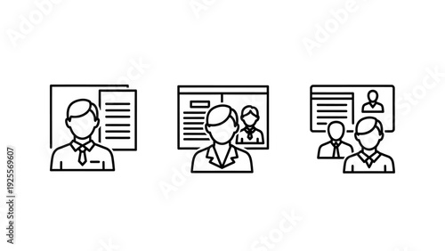 Icons of professionals and presentations, symbolizing teamwork, career, and business communication in corporate environments