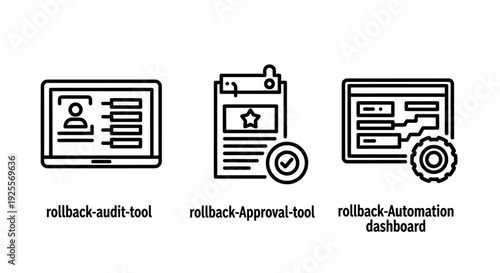 Icons for audit tool dashboard, approval process with badge, and automation control panel, representing business management and workflow systems.