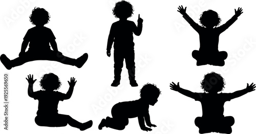 Set of black vector silhouettes featuring a playful toddler child with curly hair sitting, crawling, and standing on white background.