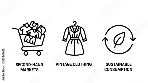 Icons depicting shopping cart with clothes, vintage dress on hanger, and recycling symbol with leaf, representing second-hand markets, fashion, and sustainable consumption.