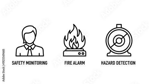 Icons for safety monitoring, fire alarm system, and hazard detection device, ideal for security, emergency response, and industrial safety applications.