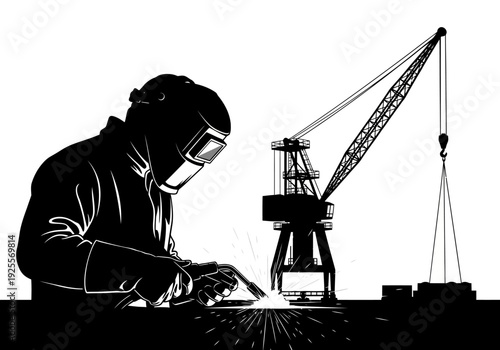 Welder working with welding torch near crane.
