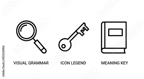 Simple line icons representing visual grammar, icon legend, and meaning key, depicting a magnifying glass, a key, and a book.