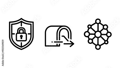 Icons representing network security, secure data transfer, and digital connectivity, featuring a shield with a lock, an outgoing arrow from a mailbox, and a network node structure.