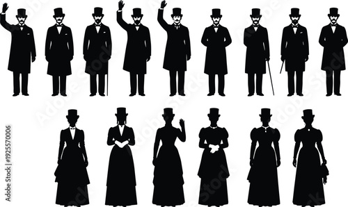 Victorian silhouette collection, historical fashion vector set, men and women poses, vintage clothing illustration, 19th century costume design art
