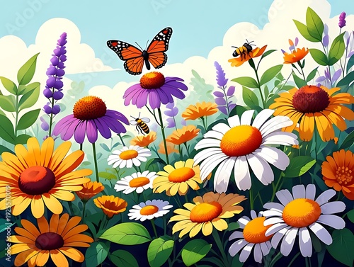 Vibrant Summer Meadow Blooming with Colorful Wildflowers, Butterflies, and Bees Under a Bright Sky, Capturing the Essence of Nature's Beauty and Serenity