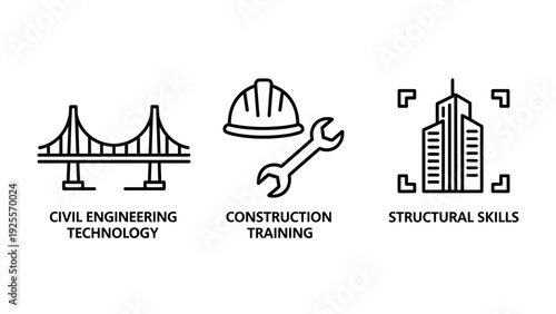 Icons representing civil engineering, construction training, and structural skills with bridges, tools, and buildings.