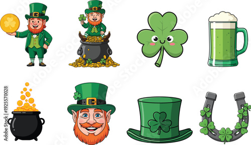 A collection of cartoon illustrations featuring leprechauns, pots of gold, shamrocks, green beer, and a horseshoe, all related to St. Patrick's Day.