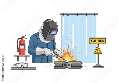 Welder in protective gear welding metal.